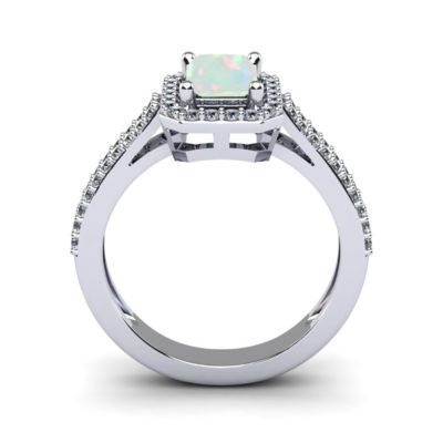 Lab Created 1 1/2cttw Octagon Shape Opal and Halo Diamond Ring Sterling Silver