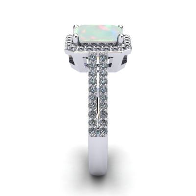 Lab Created 1 1/2cttw Octagon Shape Opal and Halo Diamond Ring Sterling Silver