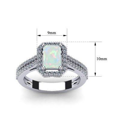 Lab Created 1 1/2cttw Octagon Shape Opal and Halo Diamond Ring Sterling Silver