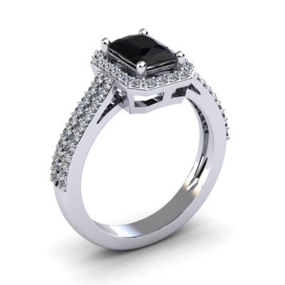 1 1/2cttw Octagon Shape Black Onyx and Halo Diamond Ring Sterling Silver