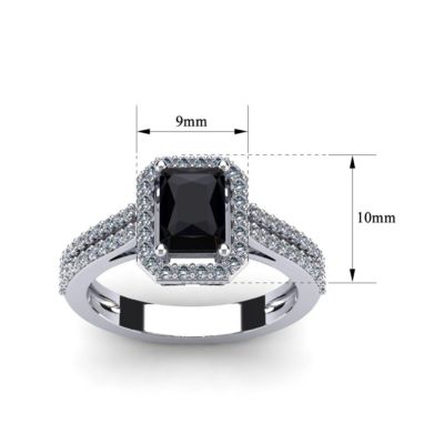 1 1/2cttw Octagon Shape Black Onyx and Halo Diamond Ring Sterling Silver