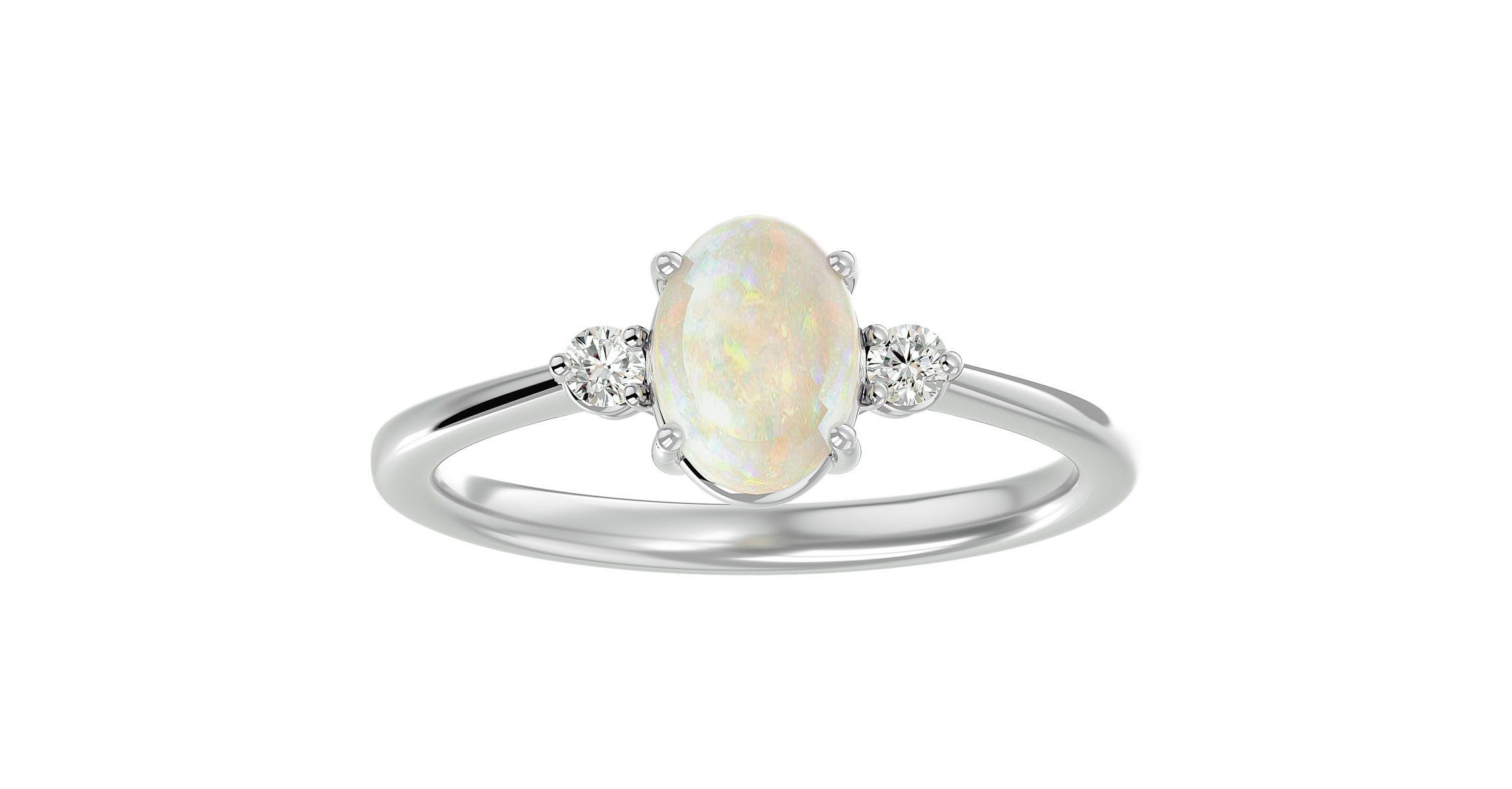 Lab Created 1 1/3cttw Oval Shape Created Opal and Two Diamond Ring In Sterling Silver