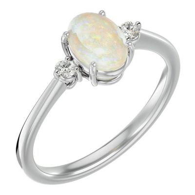 Lab Created 1 1/3cttw Oval Shape Opal and Two Diamond Ring Sterling Silver