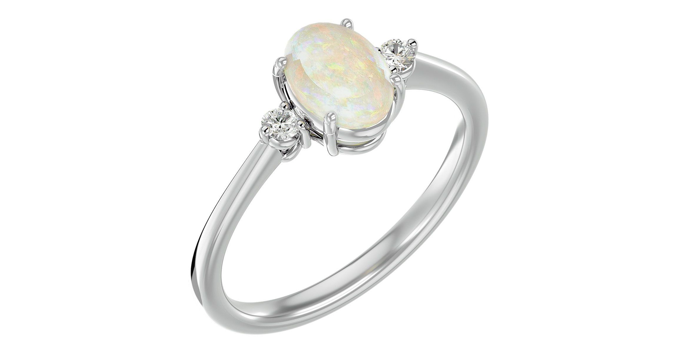 Lab Created 1 1/3cttw Oval Shape Created Opal and Two Diamond Ring In Sterling Silver
