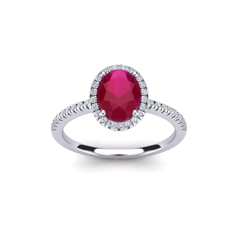 Lab Created 1 1/2cttw Oval Shape Created Ruby and Halo Diamond Ring In Sterling Silver