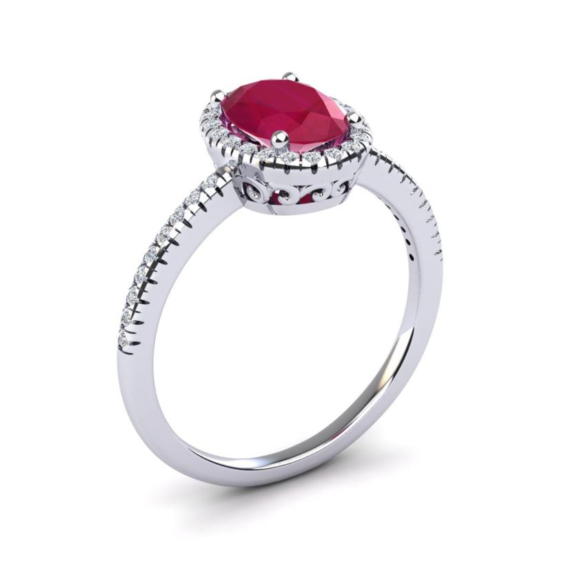 Lab Created 1 1/2cttw Oval Shape Created Ruby and Halo Diamond Ring In Sterling Silver