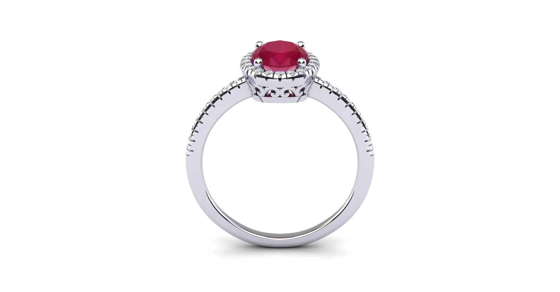 Lab Created 1 1/2cttw Oval Shape Created Ruby and Halo Diamond Ring In Sterling Silver