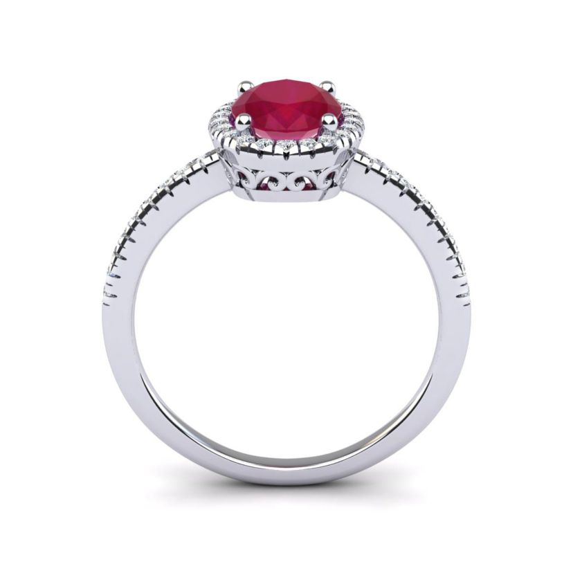 Lab Created 1 1/2cttw Oval Shape Created Ruby and Halo Diamond Ring In Sterling Silver