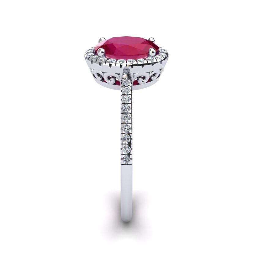 Lab Created 1 1/2cttw Oval Shape Created Ruby and Halo Diamond Ring In Sterling Silver