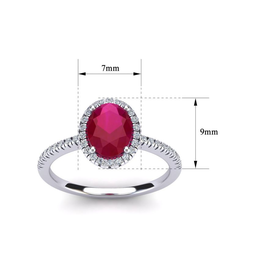 Lab Created 1 1/2cttw Oval Shape Created Ruby and Halo Diamond Ring In Sterling Silver