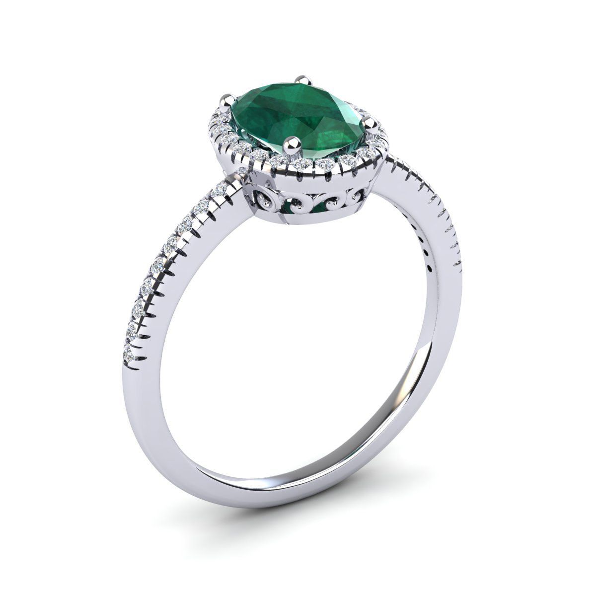 Lab Created 1 1/2cttw Oval Shape Created Emerald and Halo Diamond Ring In Sterling Silver