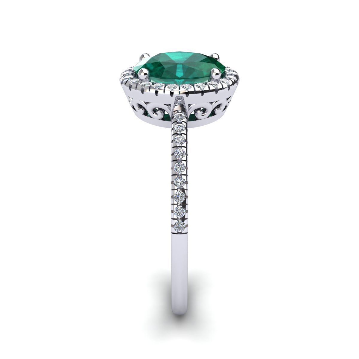 Lab Created 1 1/2cttw Oval Shape Created Emerald and Halo Diamond Ring In Sterling Silver