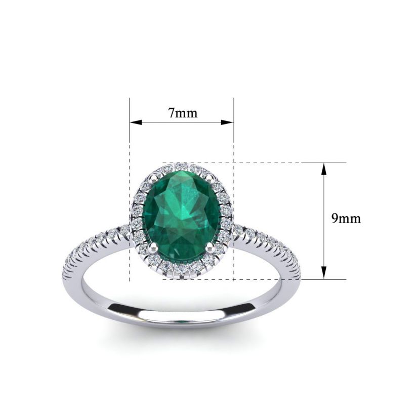 Lab Created 1 1/2cttw Oval Shape Created Emerald and Halo Diamond Ring In Sterling Silver