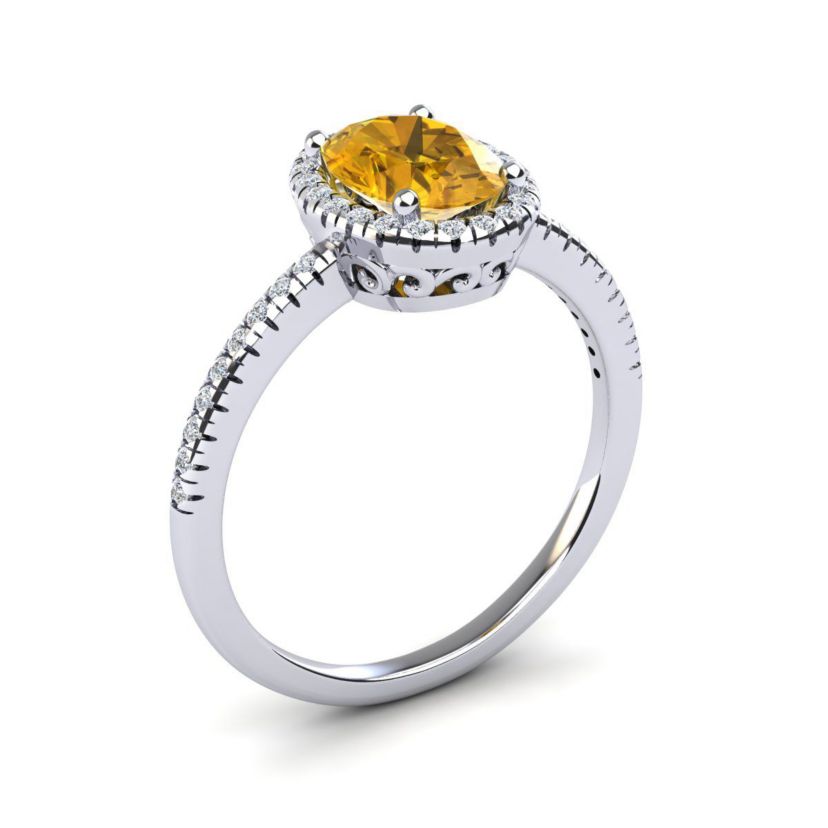 1 1/2cttw Oval Shape Citrine and Halo Diamond Ring In Sterling Silver