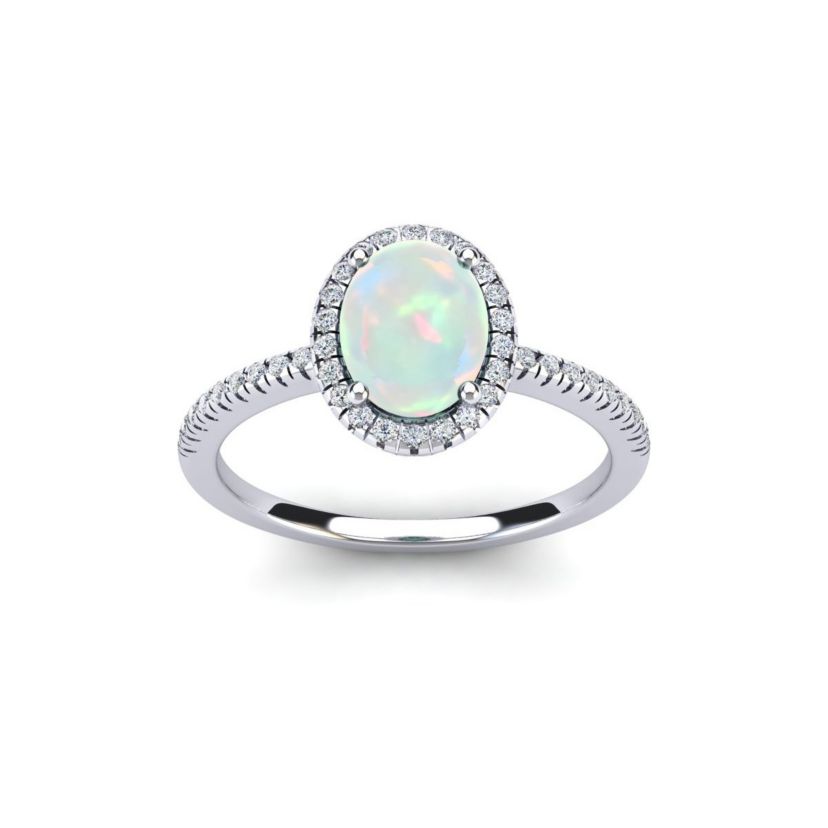 Lab Created 1 1/2cttw Oval Shape Created Opal and Halo Diamond Ring In Sterling Silver