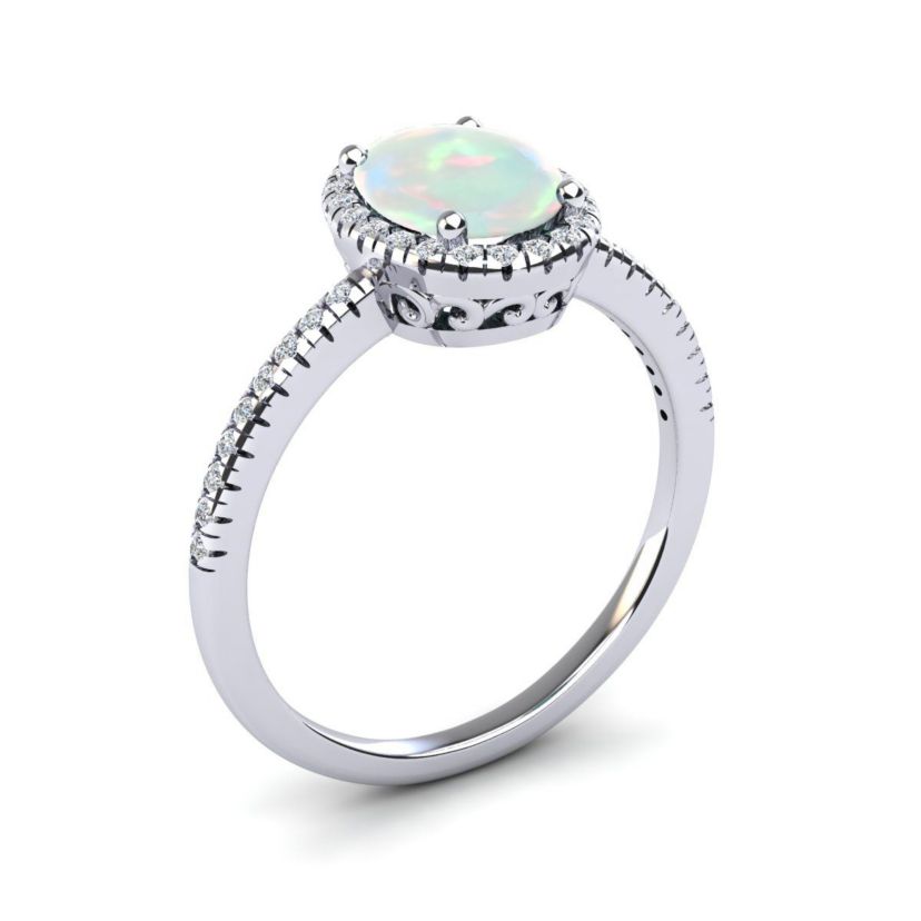 Lab Created 1 1/2cttw Oval Shape Created Opal and Halo Diamond Ring In Sterling Silver