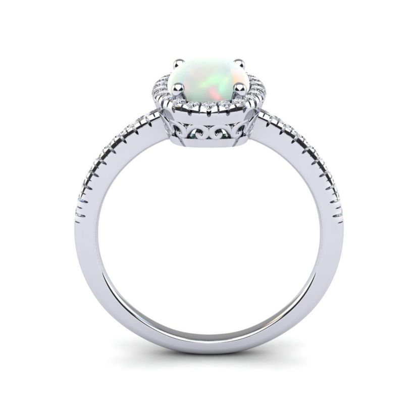 Lab Created 1 1/2cttw Oval Shape Created Opal and Halo Diamond Ring In Sterling Silver