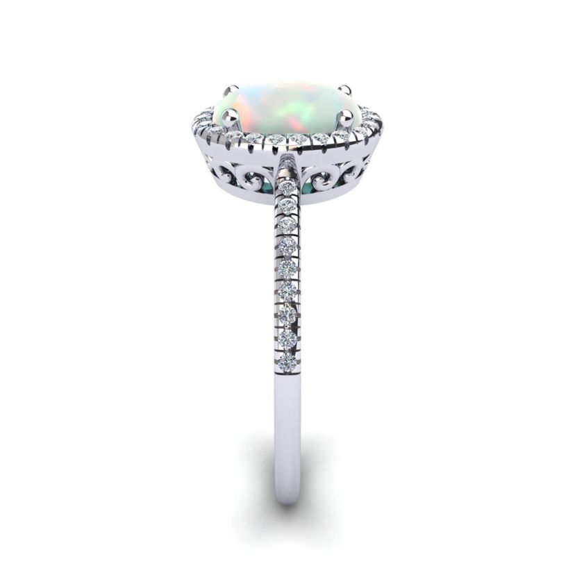 Lab Created 1 1/2cttw Oval Shape Created Opal and Halo Diamond Ring In Sterling Silver