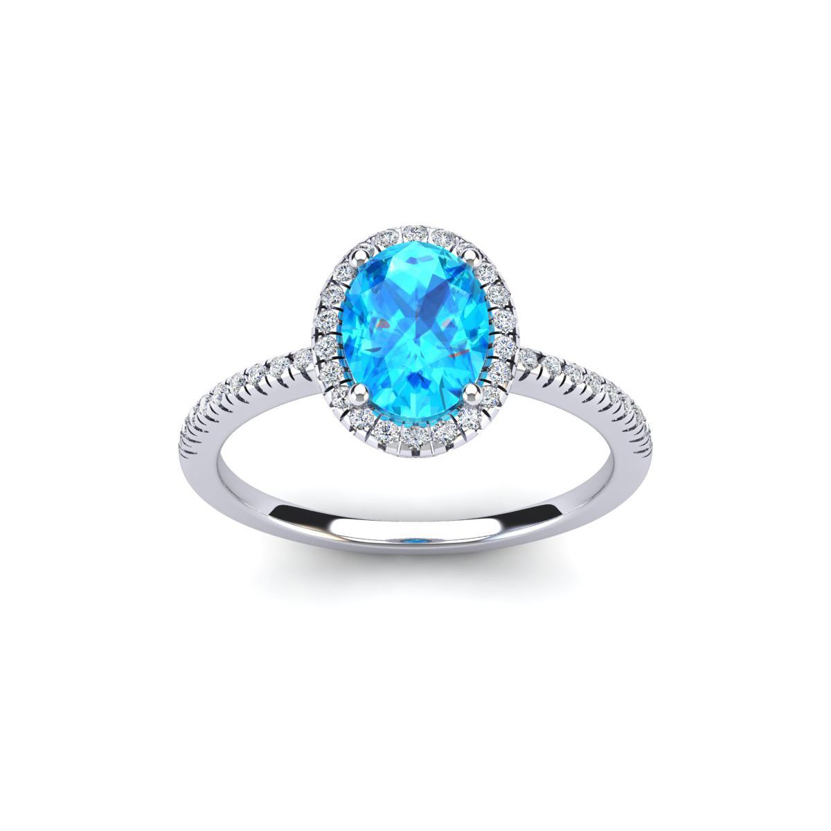 1 1/2cttw Oval Shape Blue Topaz and Halo Diamond Ring In Sterling Silver