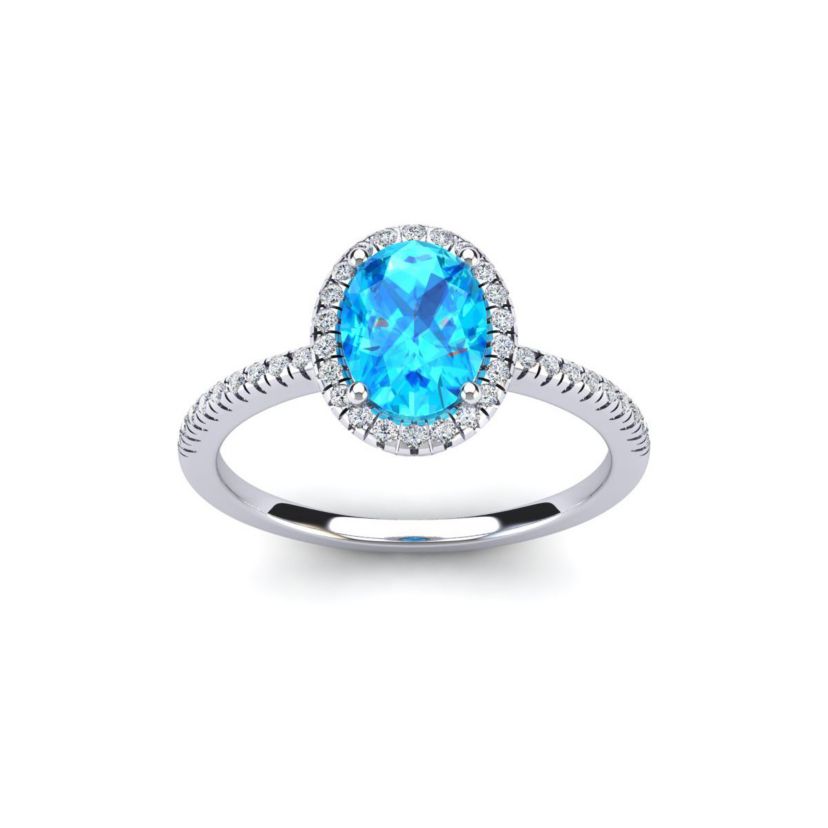 1 1/2cttw Oval Shape Blue Topaz and Halo Diamond Ring In Sterling Silver