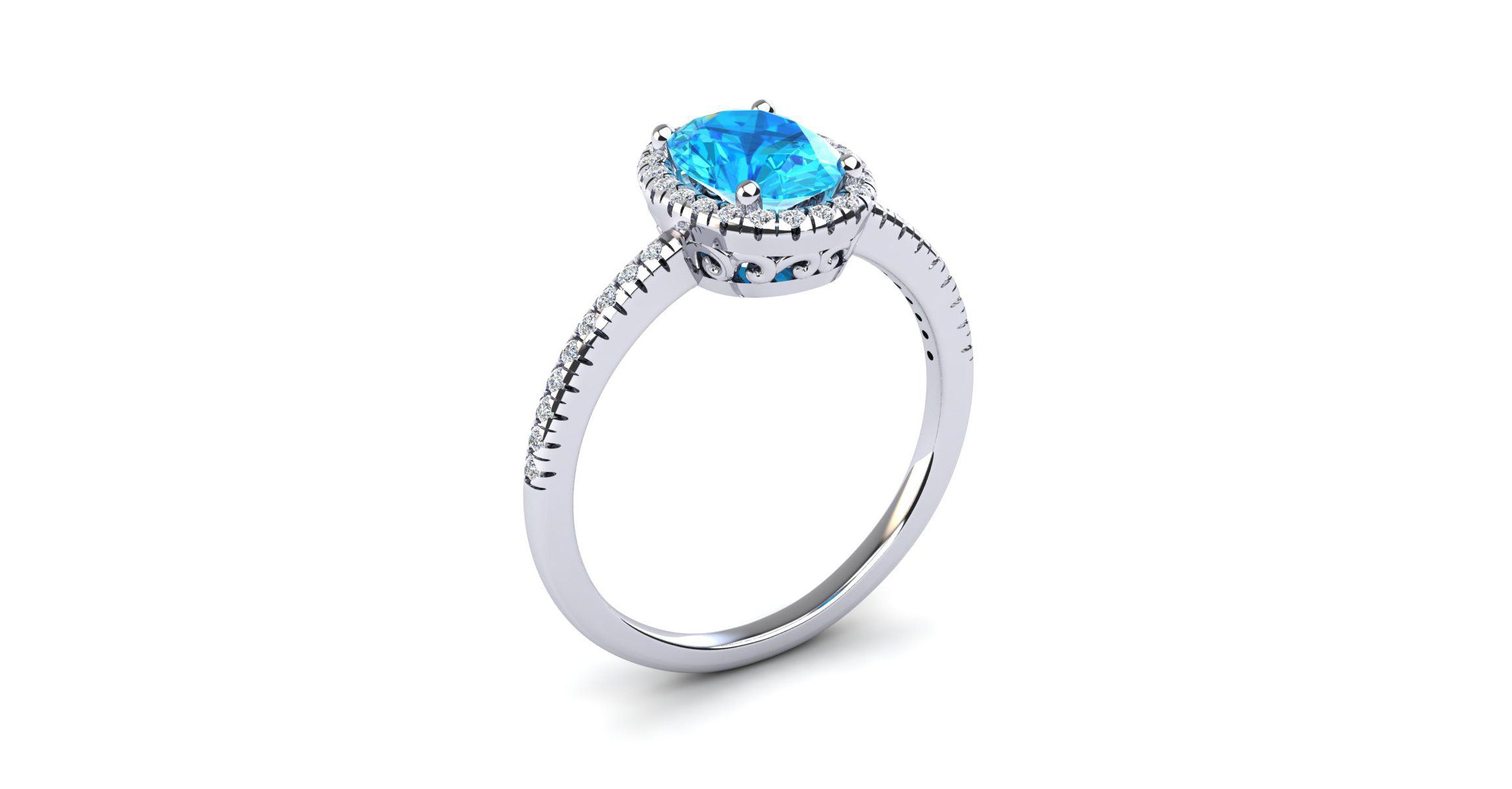 1 1/2cttw Oval Shape Blue Topaz and Halo Diamond Ring In Sterling Silver