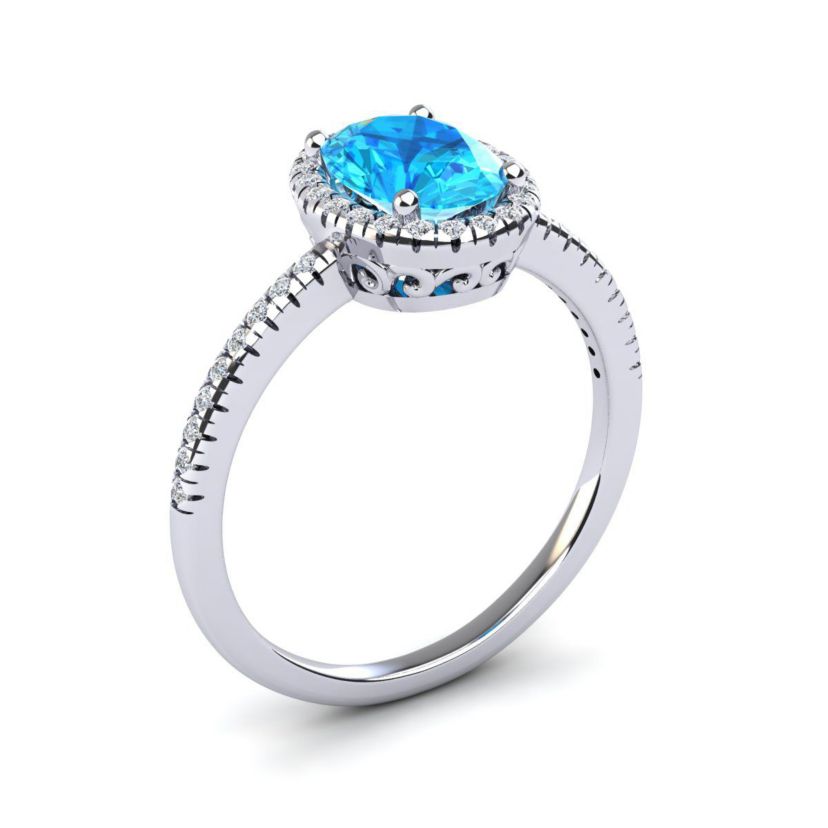 1 1/2cttw Oval Shape Blue Topaz and Halo Diamond Ring In Sterling Silver