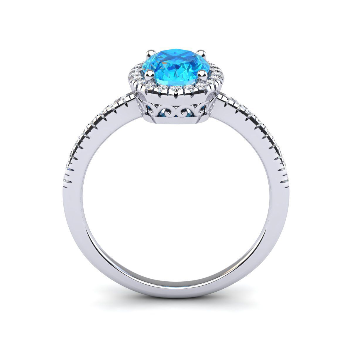 1 1/2cttw Oval Shape Blue Topaz and Halo Diamond Ring In Sterling Silver