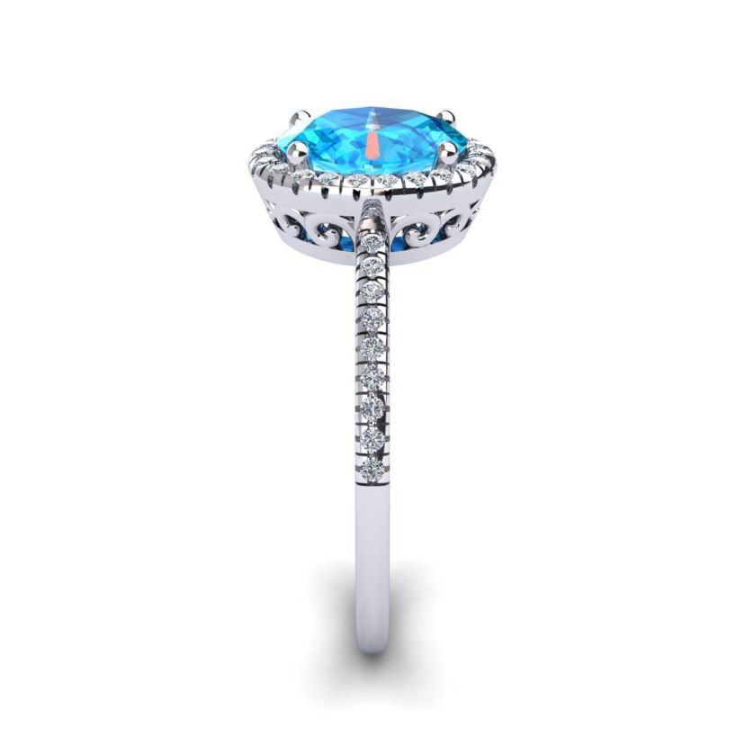 1 1/2cttw Oval Shape Blue Topaz and Halo Diamond Ring In Sterling Silver