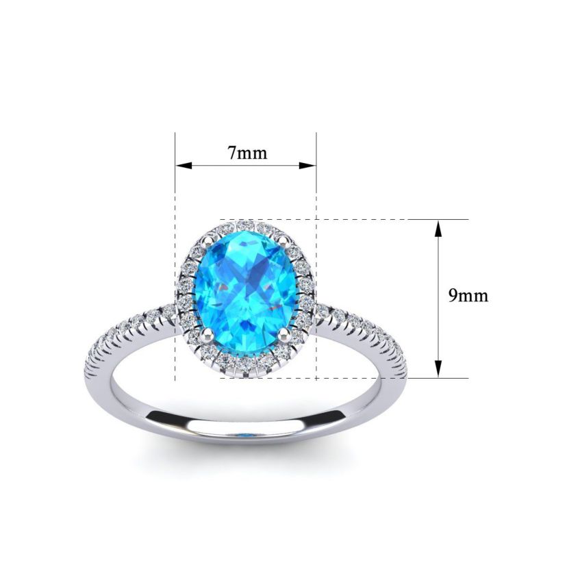 1 1/2cttw Oval Shape Blue Topaz and Halo Diamond Ring In Sterling Silver