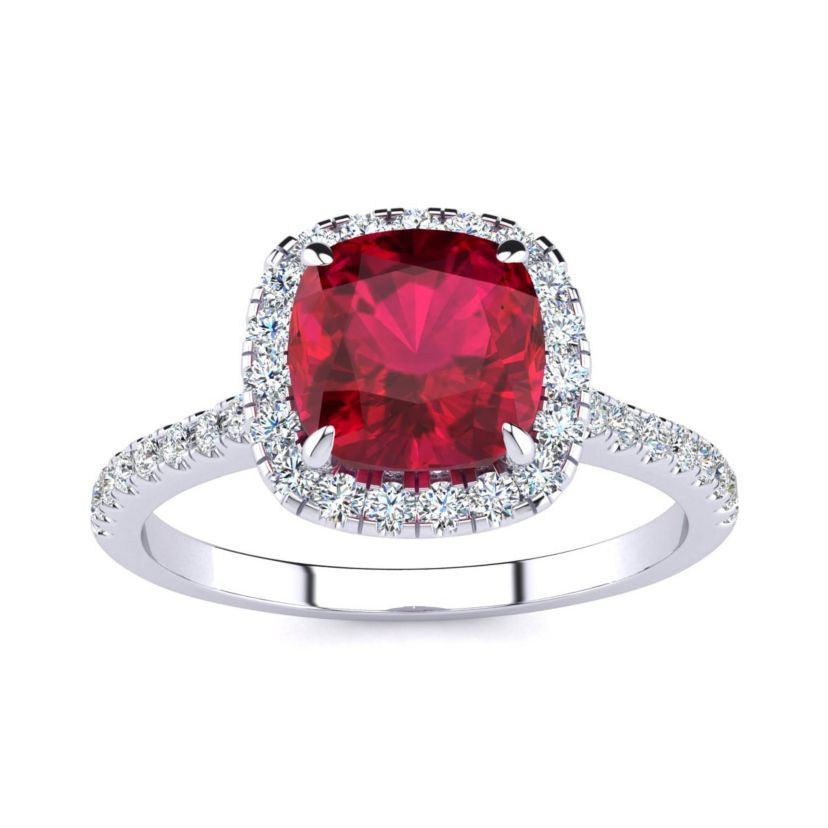 Lab Created 2 ct. t.w. Cushion Cut Created Ruby and Halo Diamond Ring In Sterling Silver