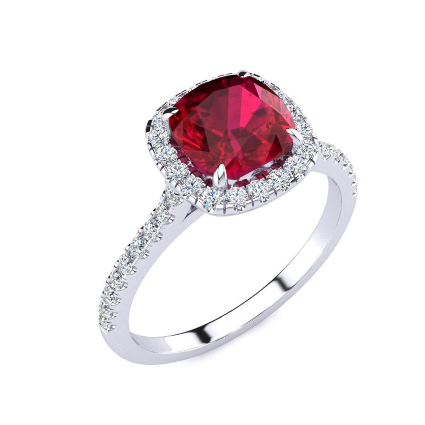 Lab Created 2 ct. t.w. Cushion Cut Created Ruby and Halo Diamond Ring In Sterling Silver
