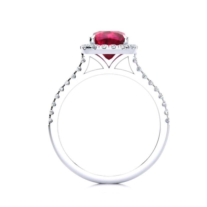 Lab Created 2 ct. t.w. Cushion Cut Created Ruby and Halo Diamond Ring In Sterling Silver
