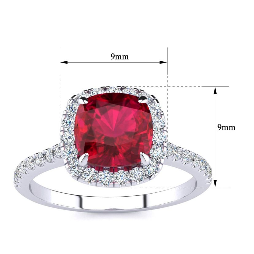 Lab Created 2 ct. t.w. Cushion Cut Created Ruby and Halo Diamond Ring In Sterling Silver