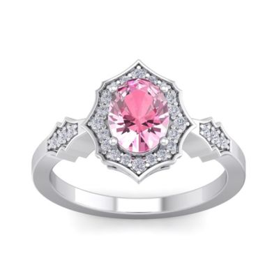 Lab Created 1 1/2 Carat Oval Shape Pink Sapphire and Halo Diamond Ring Sterling Silver