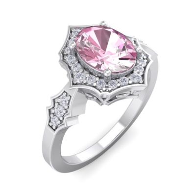 Lab Created 1 1/2 Carat Oval Shape Pink Sapphire and Halo Diamond Ring Sterling Silver