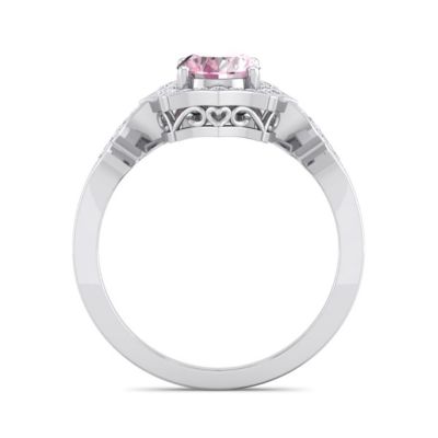 Lab Created 1 1/2 Carat Oval Shape Pink Sapphire and Halo Diamond Ring Sterling Silver