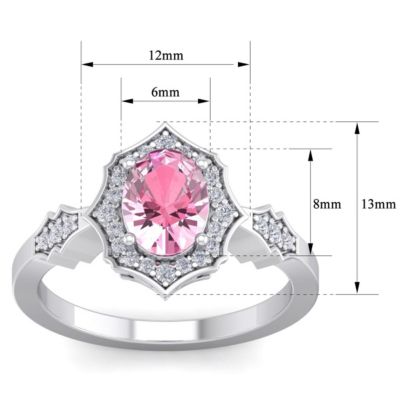 Lab Created 1 1/2 Carat Oval Shape Pink Sapphire and Halo Diamond Ring Sterling Silver