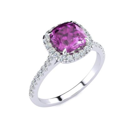 Lab Created 2 Carat Cushion Cut Pink Sapphire and Halo Diamond Ring Sterling Silver