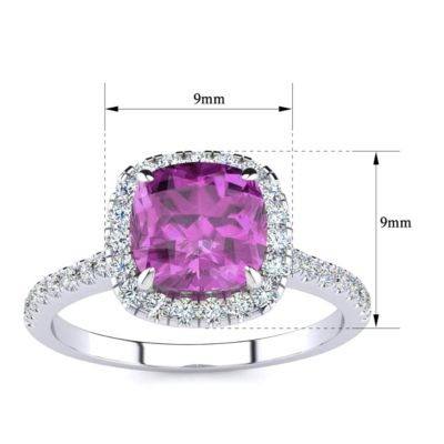 Lab Created 2 Carat Cushion Cut Pink Sapphire and Halo Diamond Ring Sterling Silver