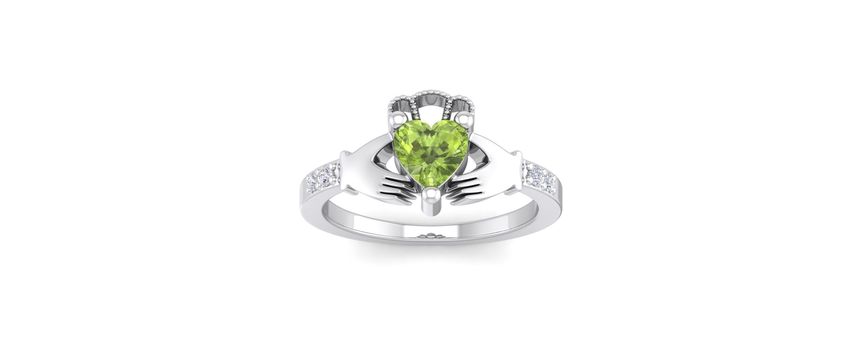 1cttw Heart Shape Peridot and Diamond Claddagh Ring In Sterling Silver