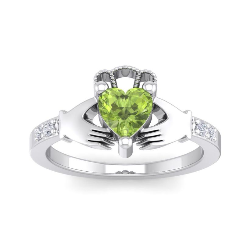 1cttw Heart Shape Peridot and Diamond Claddagh Ring In Sterling Silver