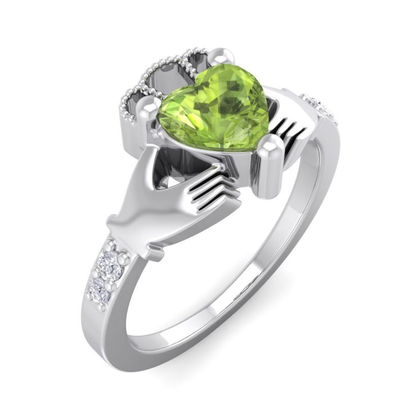 1cttw Heart Shape Peridot and Diamond Claddagh Ring In Sterling Silver