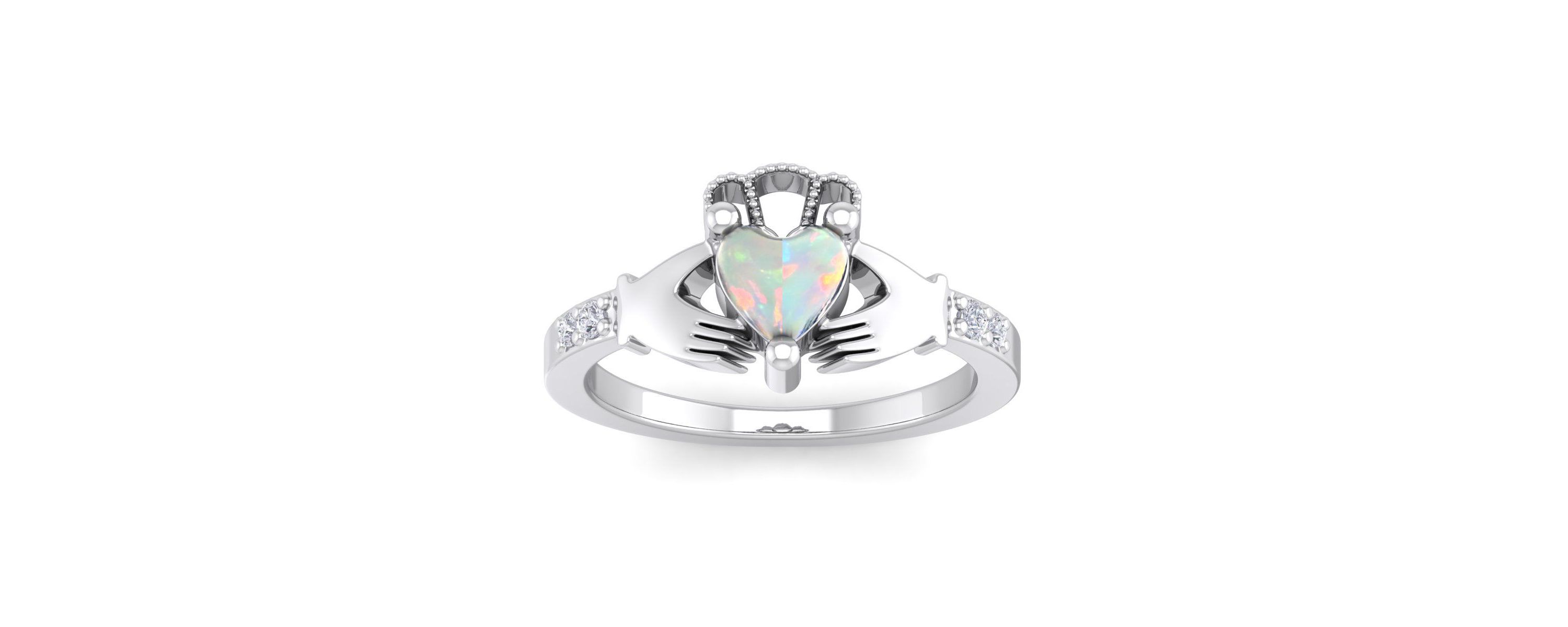 Lab Created 1cttw Heart Shape Created Opal and Diamond Claddagh Ring In Sterling Silver
