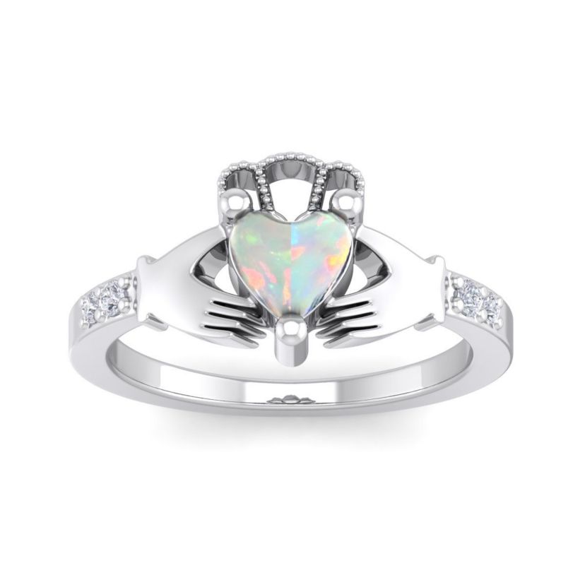 Lab Created 1cttw Heart Shape Created Opal and Diamond Claddagh Ring In Sterling Silver