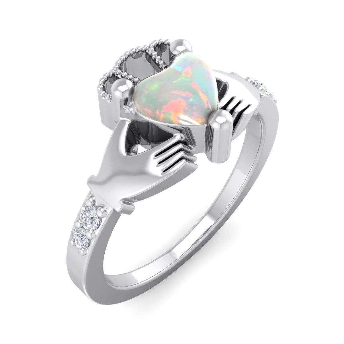 Lab Created 1cttw Heart Shape Created Opal and Diamond Claddagh Ring In Sterling Silver