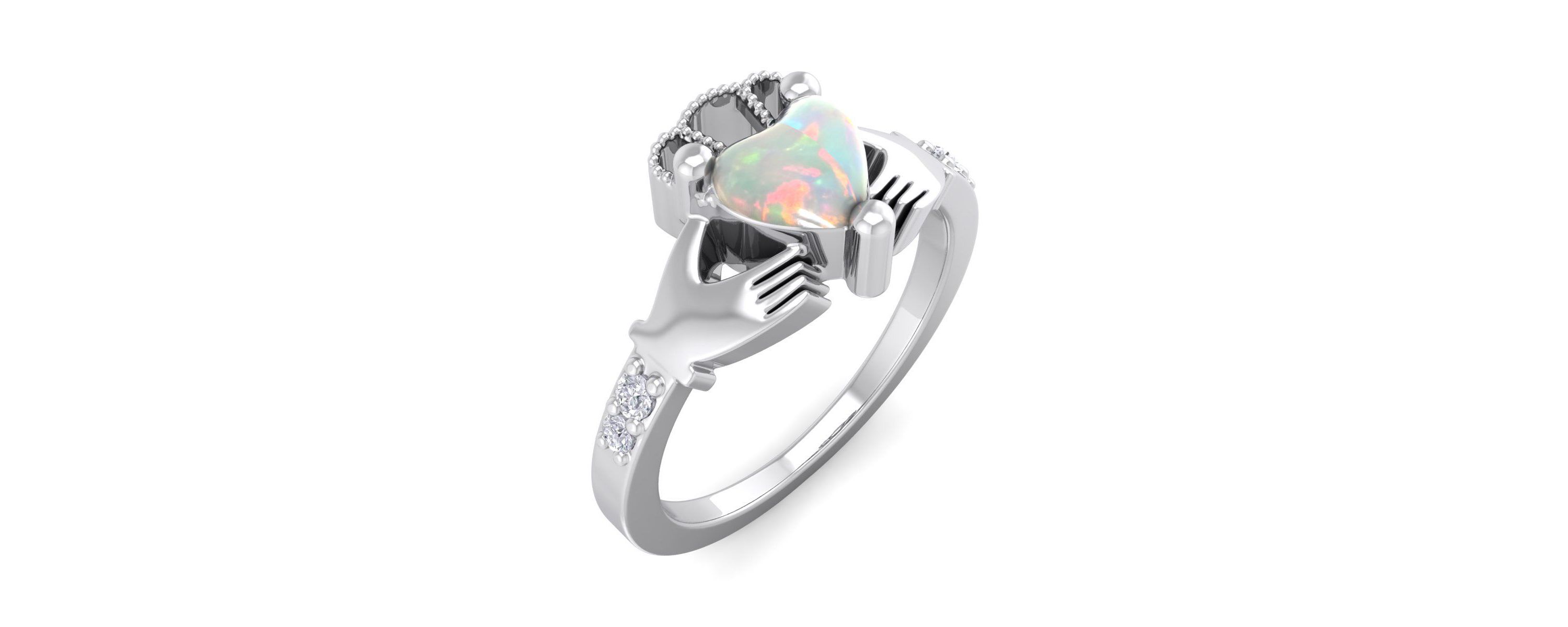 Lab Created 1cttw Heart Shape Created Opal and Diamond Claddagh Ring In Sterling Silver