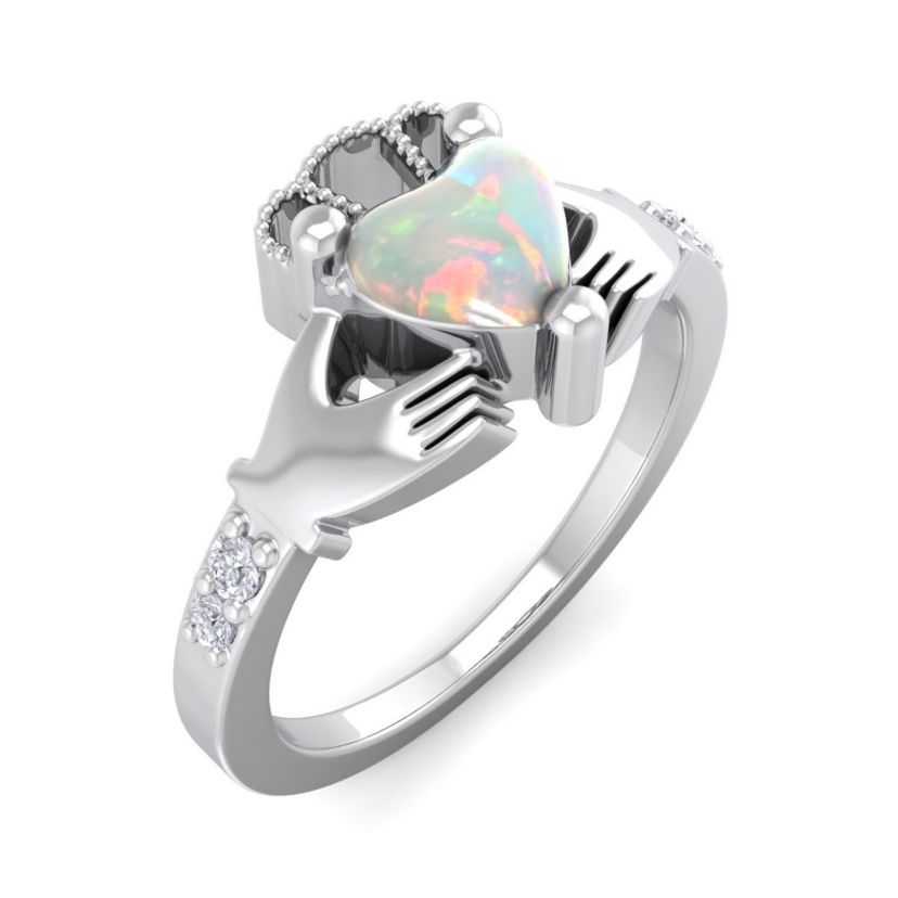 Lab Created 1cttw Heart Shape Created Opal and Diamond Claddagh Ring In Sterling Silver