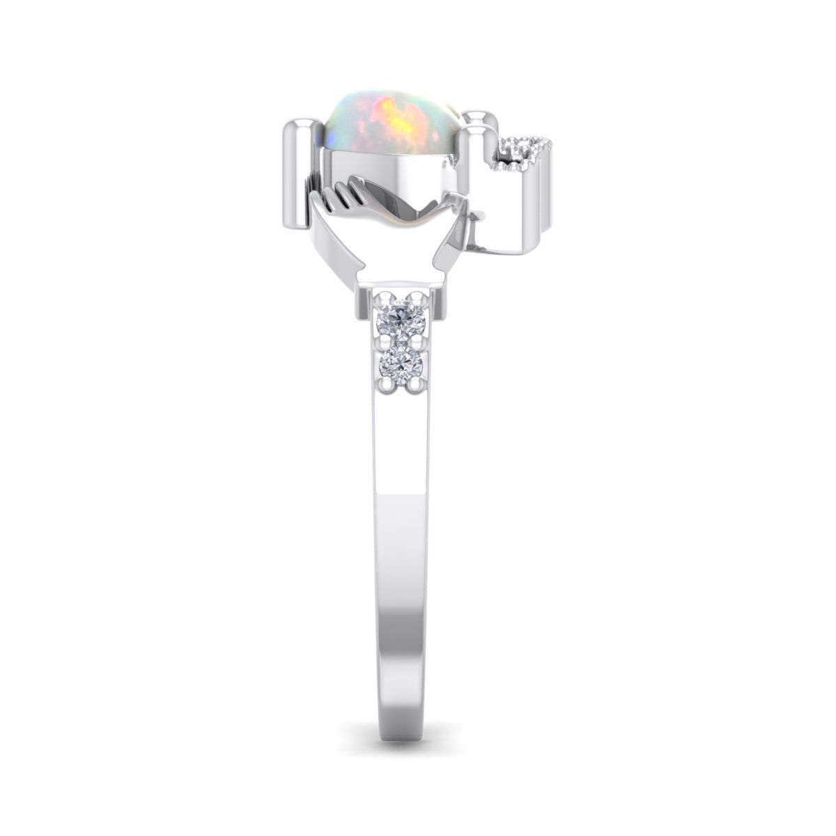 Lab Created 1cttw Heart Shape Created Opal and Diamond Claddagh Ring In Sterling Silver