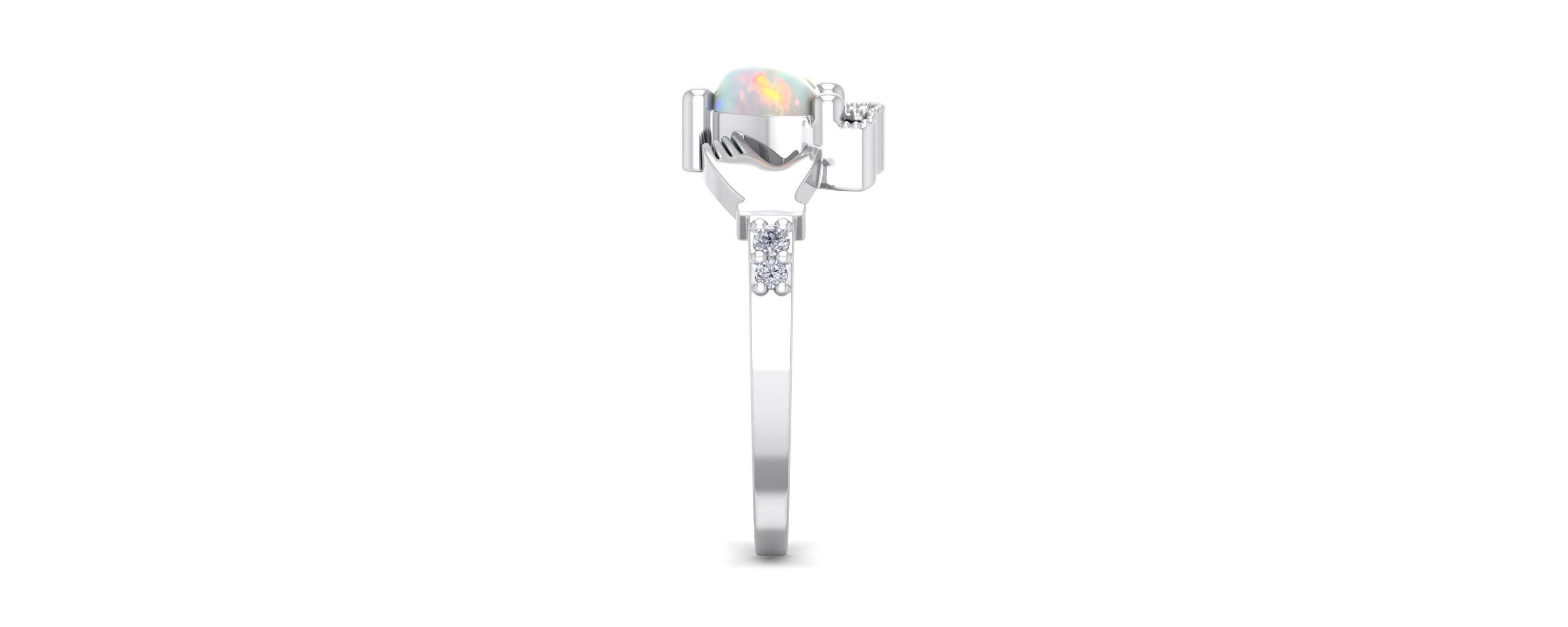 Lab Created 1cttw Heart Shape Created Opal and Diamond Claddagh Ring In Sterling Silver