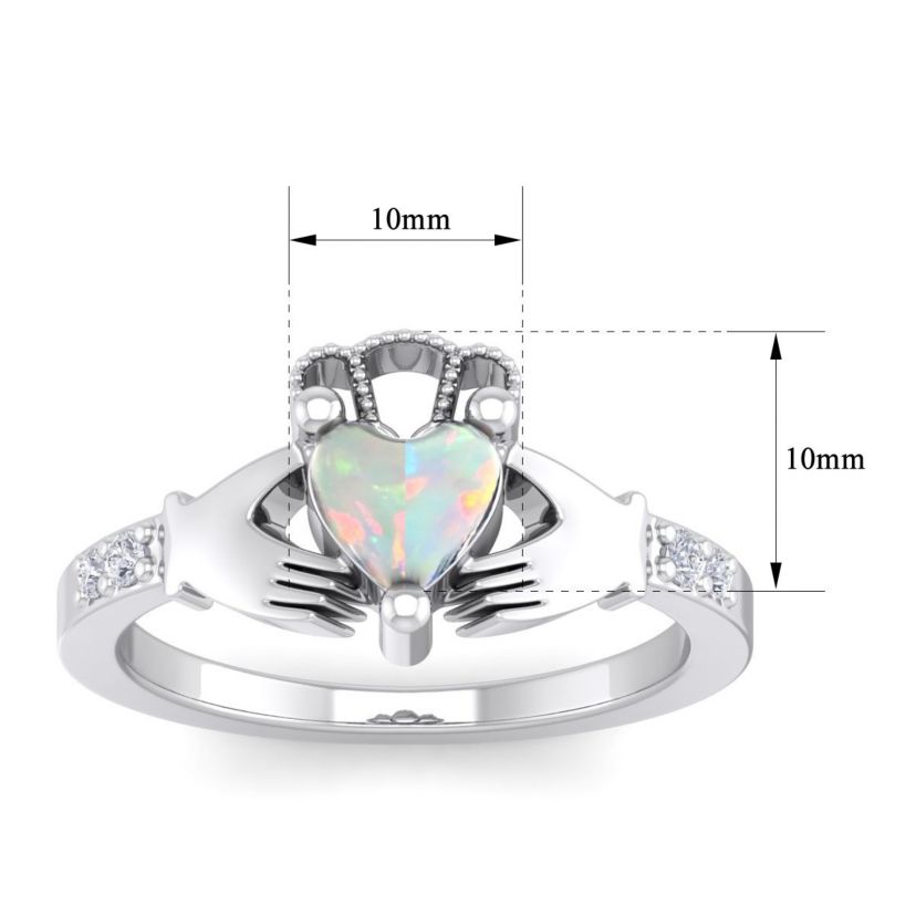 Lab Created 1cttw Heart Shape Created Opal and Diamond Claddagh Ring In Sterling Silver
